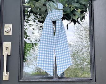 Light Blue Gingham Plaid Check | Classic Embroidered Wreath Sash | Personalized | Monogrammed | Cotton | Baby Boy Baptism Communion Wedding