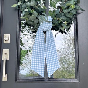 Light Blue Gingham Plaid Check | Classic Embroidered Wreath Sash | Personalized | Monogrammed | Cotton | Baby Boy Baptism Communion Wedding