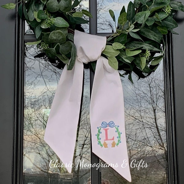 Easter Bunny Laurel | Ivory Classic Embroidered Wreath Sash | Personalized| Monogrammed | Cotton | Housewarming | Wedding | Spring