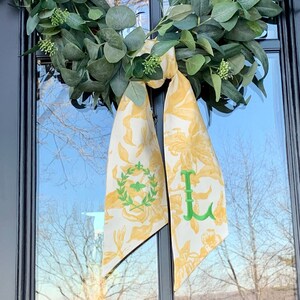 Yellow Toile Classic Embroidered Wreath Sash Personalized Monogrammed Housewarming Wedding Bridal Shower Spring Laurel Bee image 3