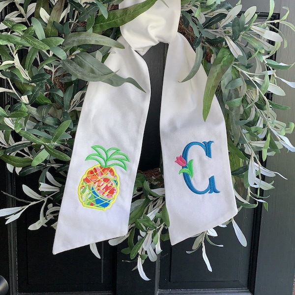 Pineapple Summer Embroidered Wreath Sash | Personalized | Monogrammed | Cotton | Floral Tropical Lilly Inspired