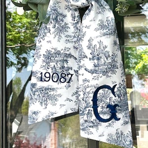 Navy Toile Wreath Sash | Classic Embroidered Personalized | Monogrammed | Housewarming | Wedding Bridal Baby Shower | Zip Code