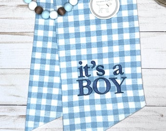 ITS A BOY Light Blue Gingham Plaid Check | Classic Embroidered Wreath Sash | Cotton | Baby Boy Gender Reveal