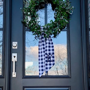 Navy Buffalo Plaid Check Classic Embroidered Wreath Sash Personalized Monogrammed Cotton Housewarming Wedding Summer Farmhouse image 1