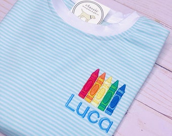 Back to School Shirt | Boy Shirt | Preschool Kindergarten | Striped Embroidered Personalized Name | School Crayons | Gifts for Boys