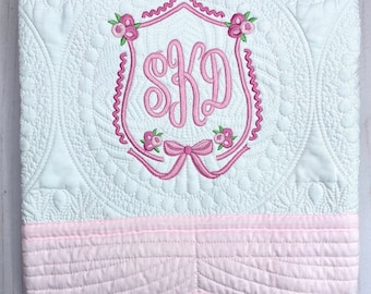 Pink Bow Rose Crest Quilt, Keepsake Gift, New Baby Girl Heirloom Quilt, Cotton Baby Blanket, Embroidered, Personalized, Rosebud Flowers