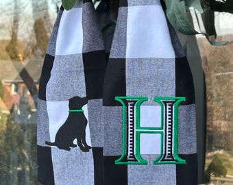 Black Lab on Black Buffalo Plaid Check Classic Embroidered Wreath Sash Personalized Gift for New Home Monogrammed Housewarming Decoration
