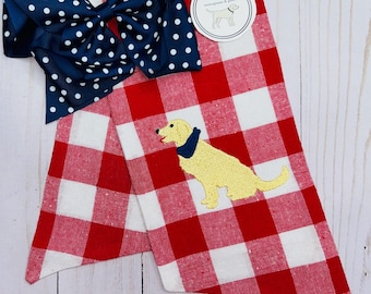 Yellow Lab Red Gingham Wreath Sash | Personalized Dog Mom Gift | Custom Embroidered Puppy Wreath Bow | Lab Lover Outdoor Front Door Decor
