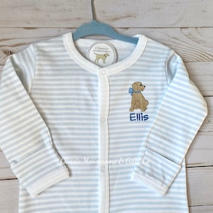 Baby Boy Striped Outfit | Cotton Bodysuit One Piece  | Yellow Lab | Take Me Home Outfit | Gift for Baby Boy Shower | Blue Mitten One Piece