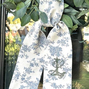 Vintage Blue Floral Classic Embroidered Wreath Sash | Personalized | Monogrammed | Cotton | Housewarming | Wedding | Summer | Blue White