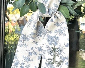 Vintage Blue Floral Classic Embroidered Wreath Sash | Personalized | Monogrammed | Cotton | Housewarming | Wedding | Summer | Blue White