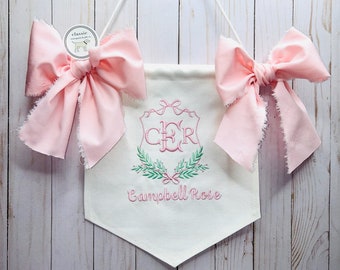 Custom Baby Banner, Floral Olive Crest Embroidered, Fabric Bows, Personalized Canvas Flag, Nursery, Shower, Hospital Announcement, Decor