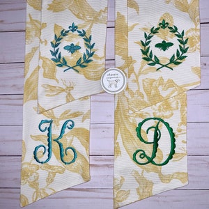 Yellow Toile Classic Embroidered Wreath Sash Personalized Monogrammed Housewarming Wedding Bridal Shower Spring Laurel Bee image 5