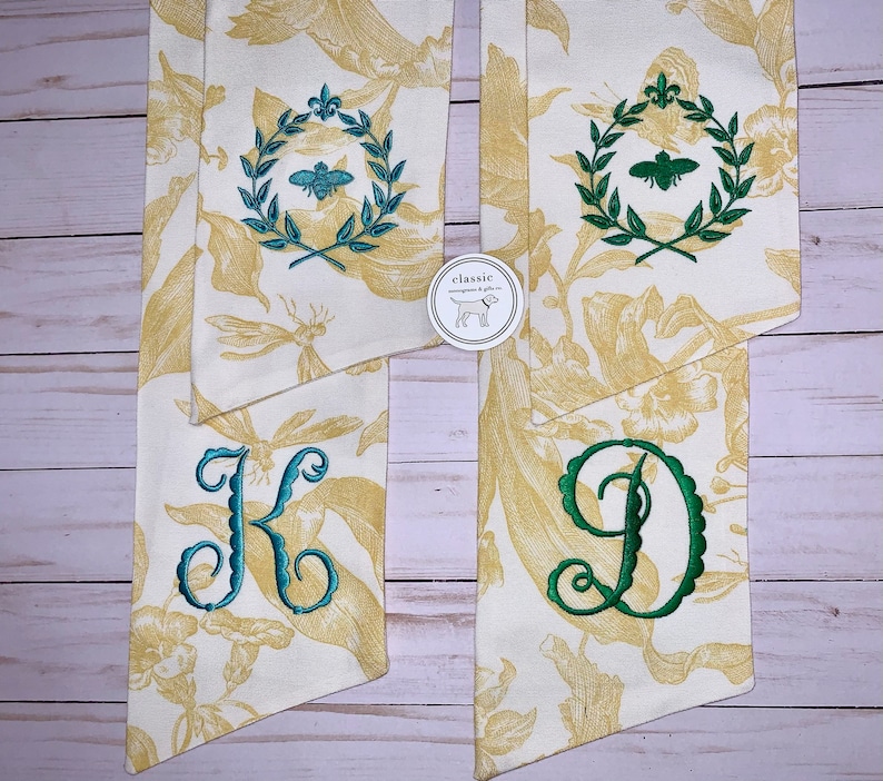 Yellow Toile Classic Embroidered Wreath Sash Personalized Monogrammed Housewarming Wedding Bridal Shower Spring Laurel Bee image 5