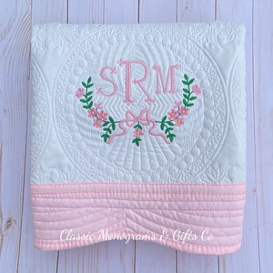 Personalized Baby Girl Quilt, Keepsake Gift, New Baby Gift, Heirloom Baby Quilt, Cotton Baby Blanket, Embroidered, Personalized