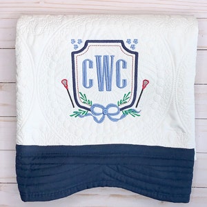 Lacrosse Crest Navy Baby Quilt, Keepsake New Baby Gift, Heirloom Quilt, Cotton Blanket, Embroidered, Personalized, Paw Prints Penn State