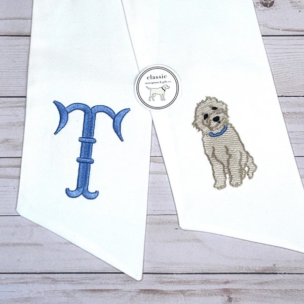 White Puppy Sash | Classic Embroidered Wreath Sash | Personalized | Monogrammed | Cotton | Labradoodle Goldendoodle Golden Lab Retriever