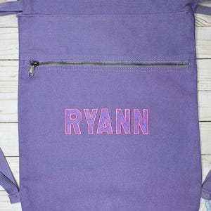 Purple Embroidered Drawstring Backpack | Seaside Pigment-Dyed Canvas | Monogrammed Gift Kids Personalized | Birthday | Camp Bag with Name
