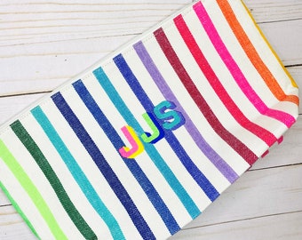 Thin Rainbow Stripe Monogrammed Beach Pouch | Waterproof Zipper Clutch | Personalized Embroidered Toiletry Wet Bag Travel Pool Bride Neon