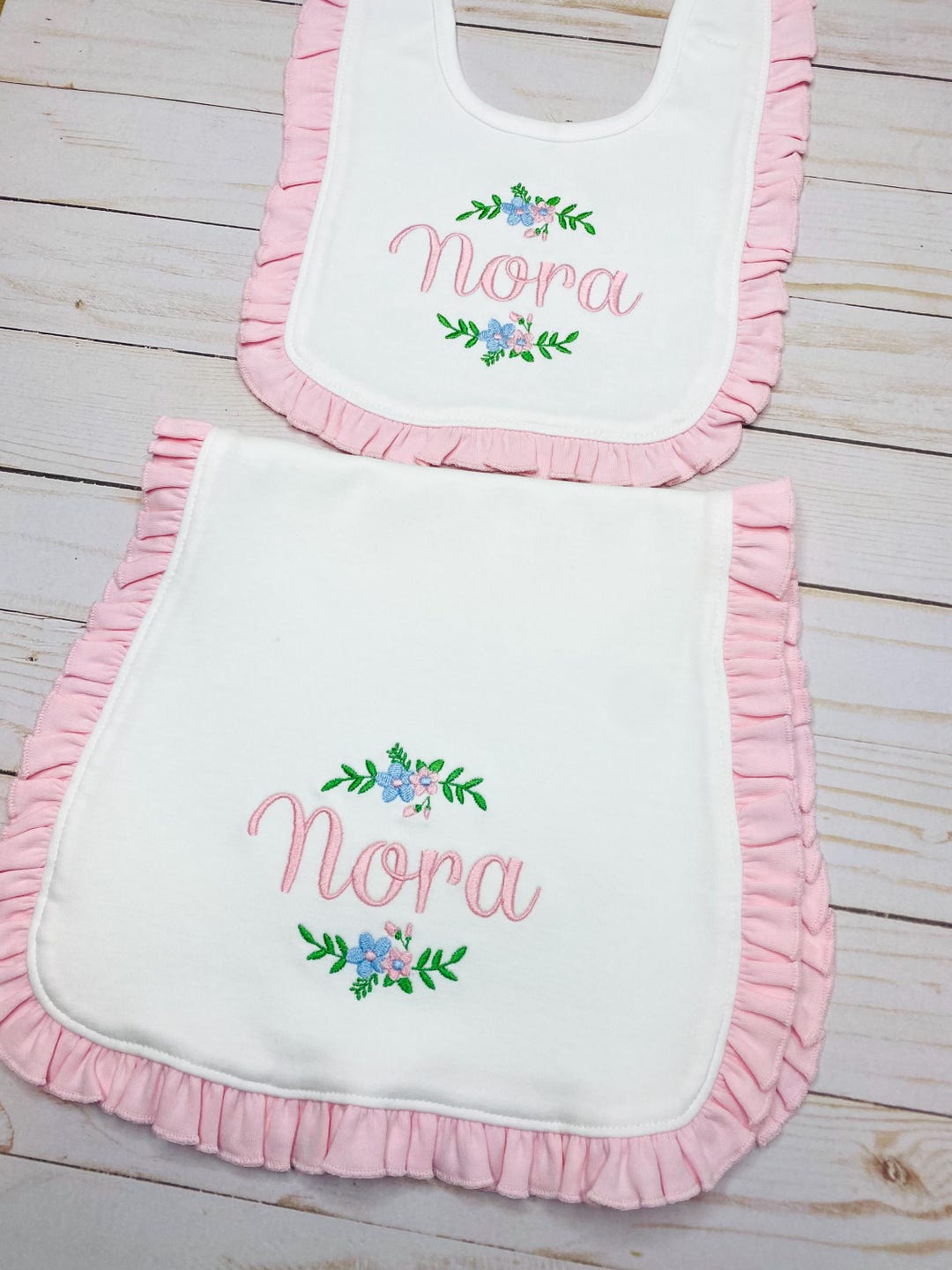 Pink Ruffle Bib Monogrammed Baby Girl Bib and Burp Cloth | Pink Ruffle, 100% Cotton - Etsy