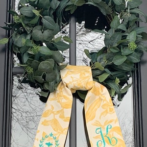 Yellow Toile Classic Embroidered Wreath Sash Personalized Monogrammed Housewarming Wedding Bridal Shower Spring Laurel Bee image 2