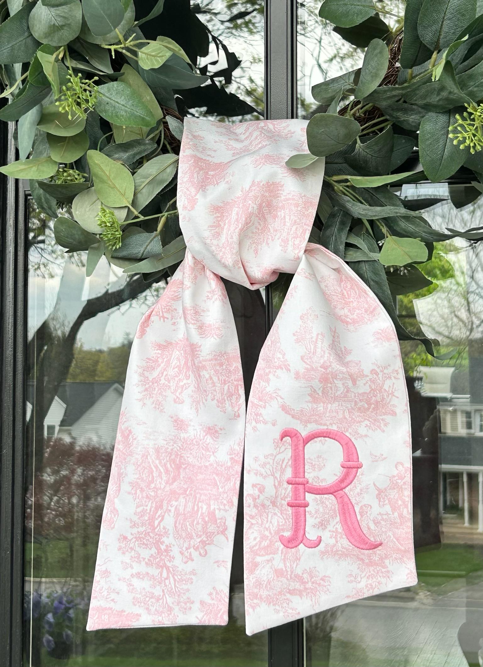 Pink Toile Wreath Sash | Classic Embroidered Personalized | Monogrammed | Housewarming | Wedding Bridal Baby Shower |