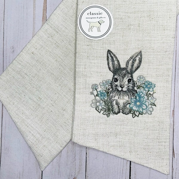 Linen Easter Bunny Wreath Sash | Personalized Monogrammed | Cotton Classic Embroidered Bow | Easter Rabbit Laurel Spring Flowers