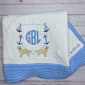 Golden Retriever Nautical Crest Personalized Baby Boy Quilt, Keepsake Gift, New Baby, Heirloom Baby Quilt, Cotton Baby Blanket, Embroidered
