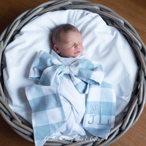 Baby Classic Embroidered Sash | Personalized | Monogrammed | Cotton | Baby Boy Baptism Communion Wedding | Light Blue Buffalo Plaid Check