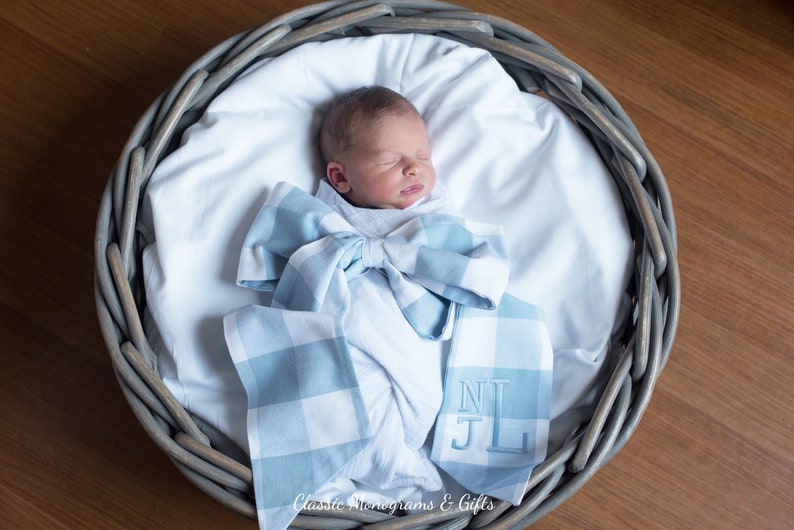 May include: A newborn baby sleeping in a wicker basket, wrapped in a blue and white checkered blanket with a large bow. The blanket has the monogram "NJL" embroidered on it.