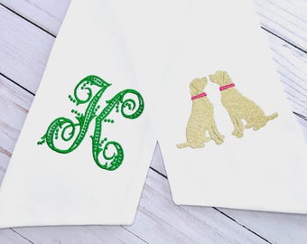 TWO LABS White Sash | Classic Embroidered Wreath Sash | Personalized | Monogrammed | Cotton | Yellow Black Chocolate Labrador Retriever