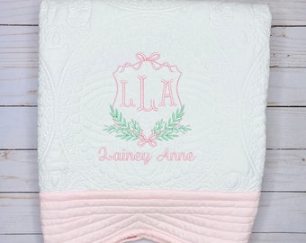 Bows and Branches Crest, Personalized Baby Girl Quilt, New Baby Keepsake, Cotton Blanket Embroidered Personalized