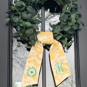 Yellow Toile Classic Embroidered Wreath Sash Personalized Monogrammed Housewarming Wedding Bridal Shower Spring Laurel Bee image 1