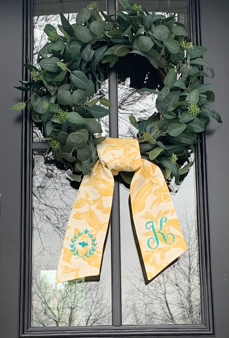 Yellow Toile Classic Embroidered Wreath Sash Personalized Monogrammed Housewarming Wedding Bridal Shower Spring Laurel Bee image 1