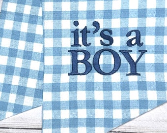 It’s a Boy Baby Light Blue Gingham Plaid Check Classic Embroidered Wreath Sash Gender Reveal Party Decor for Front Door Baby Shower Party