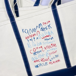 Grand sac fourre-tout dessiné personnalisé bleu marine DELUXE pour enfant | Sac brodé personnalisé | Dessin manuscrit | Cadeau grand-mère et grand-mère pour la fête des mères