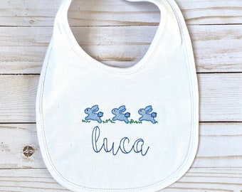 Easter Bunny Baby Boy Bib | Monogrammed Seersucker Bib & Burp Set | Embroidered 100% Cotton | Easter | New Baby Boy Personalized Gift