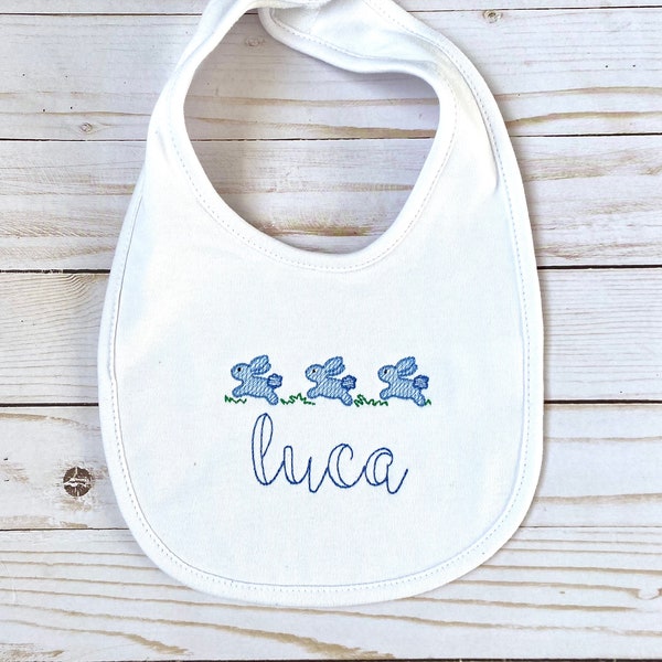 Easter Bunny Baby Boy Bib | Monogrammed Seersucker Bib & Burp Set | Embroidered 100% Cotton | Easter | New Baby Boy Personalized Gift