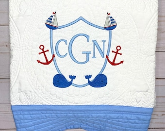 Whale Nautical Crest Personalized Baby Boy Quilt, Keepsake Gift, New Baby, Heirloom Baby Quilt, Cotton Baby Blanket, Embroidered