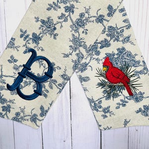 Cardinal Vintage Blue Floral Classic Embroidered Wreath Sash | Personalized | Monogrammed | Cotton | Housewarming | Memorial | Remembrance