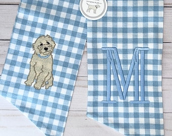 Puppy Light Blue Gingham Plaid | Classic Embroidered Wreath Sash | Personalized | Monogrammed | Cotton | Baby Boy Labradoodle Golden Doodle