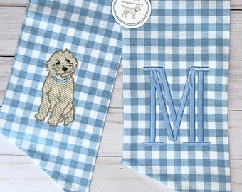 Puppy Light Blue Gingham Plaid | Classic Embroidered Wreath Sash | Personalized | Monogrammed | Cotton | Baby Boy Labradoodle Golden Doodle