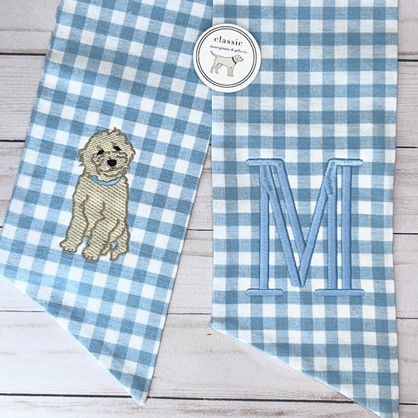 Puppy Light Blue Gingham Plaid | Classic Embroidered Wreath Sash | Personalized | Monogrammed | Cotton | Baby Boy Labradoodle Golden Doodle