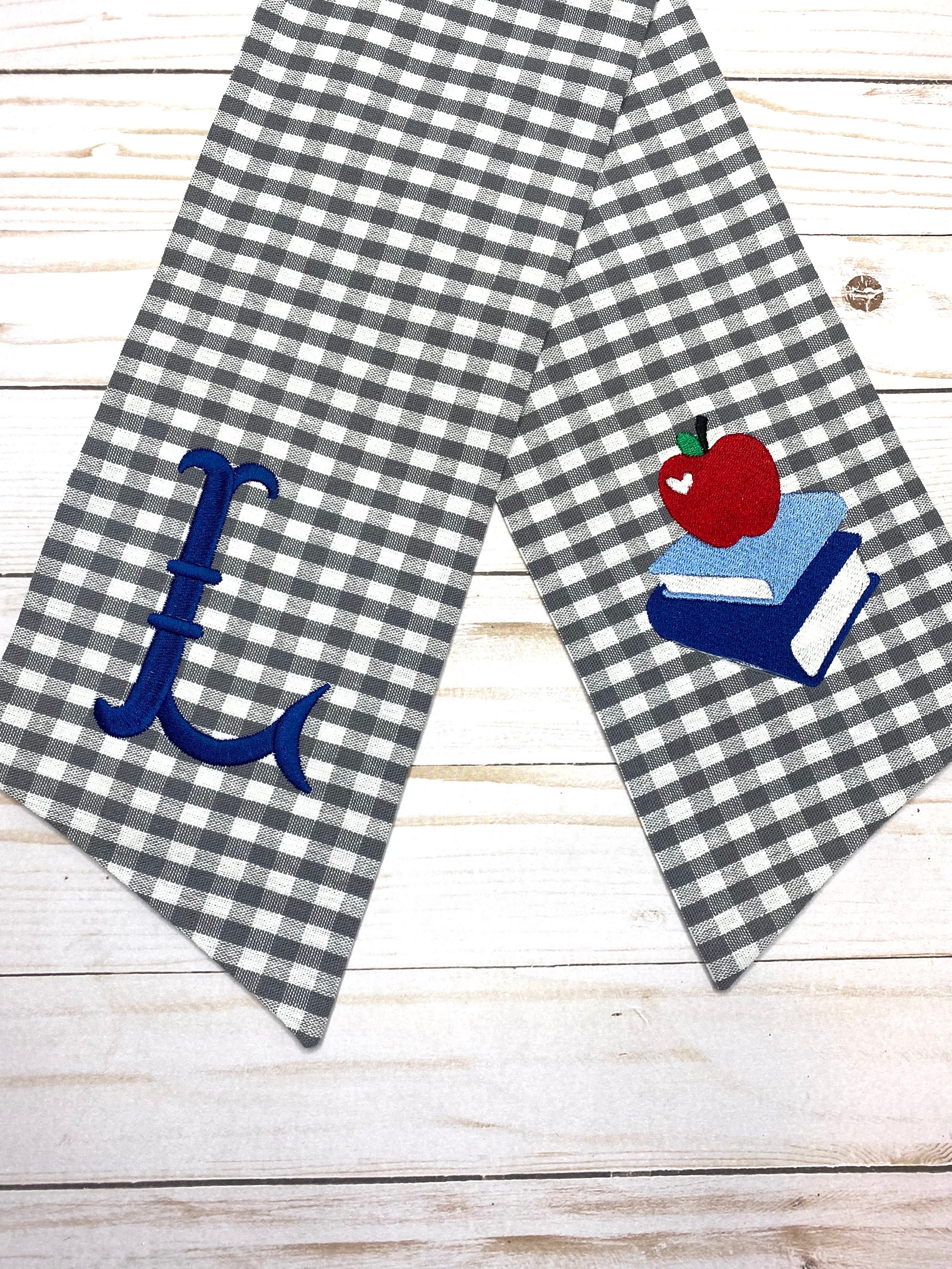 Grey Gingham Plaid  | Classic Embroidered Wreath Sash | Personalized Monogrammed | Cotton | Back to school Farmhouse | Apple Books Fall