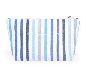 Blue Stripe Monogrammed Beach Pouch | Waterproof Zipper Clutch | Personalized Embroidered Toiletry Wet Bag Travel Pool Bride Ombre Navy Blue