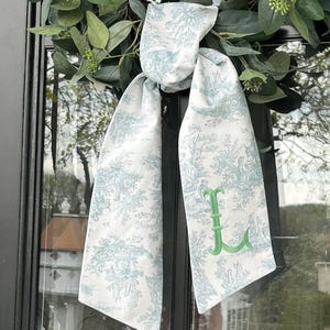 Blue Toile Wreath Sash | Classic Embroidered Personalized | Monogrammed | Housewarming | Wedding Bridal Baby Shower | Vintage Vine Monogram