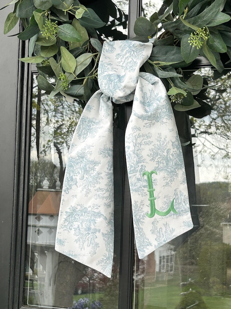 Blue Toile Wreath Sash | Classic Embroidered Personalized | Monogrammed | Housewarming | Wedding Bridal Baby Shower | Vintage Vine Monogram