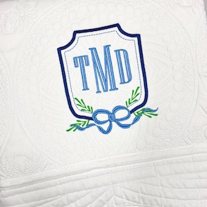 Crest Baby Boy Quilt, Keepsake Gift, New Baby Gift, Heirloom Baby Quilt, Cotton Baby Blanket, Embroidered, Personalized, Blue, White