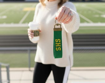 Personalized School Spirit Keychain Custom Embroidered College High School Wristlet with Bronze Keyring Student Senior Gift Hometown School