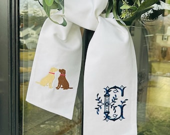 Custom Double Labrador Wreath Sash White Cotton Personalized Lab Mom Gift Yellow Black Chocolate Retriever Embroidery Monogrammed Door Decor